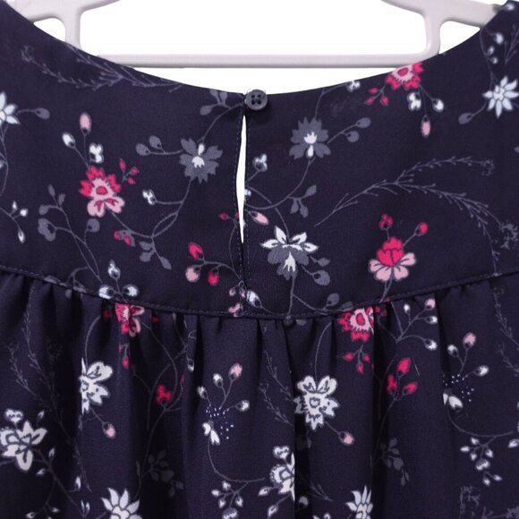 LOFT Outlet Blouse Sz PM Navy Blue Floral Print Flutter Sleeves Ruffle Casual - Picture 7 of 8